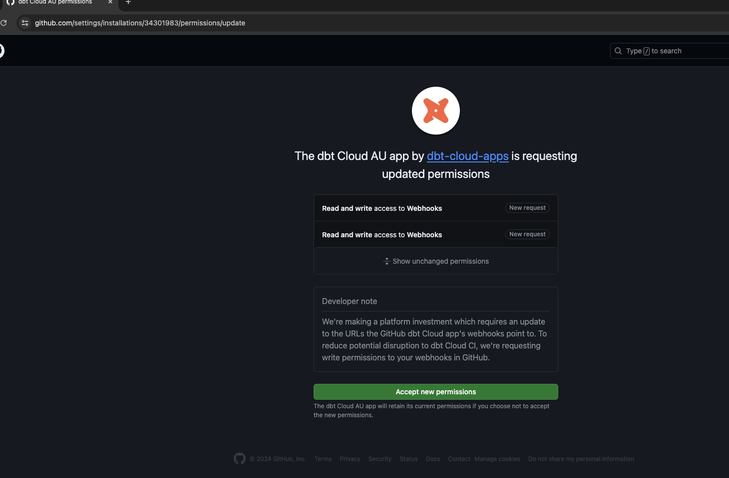 Grant access to the dbt Cloud app by accepting the new permissions.